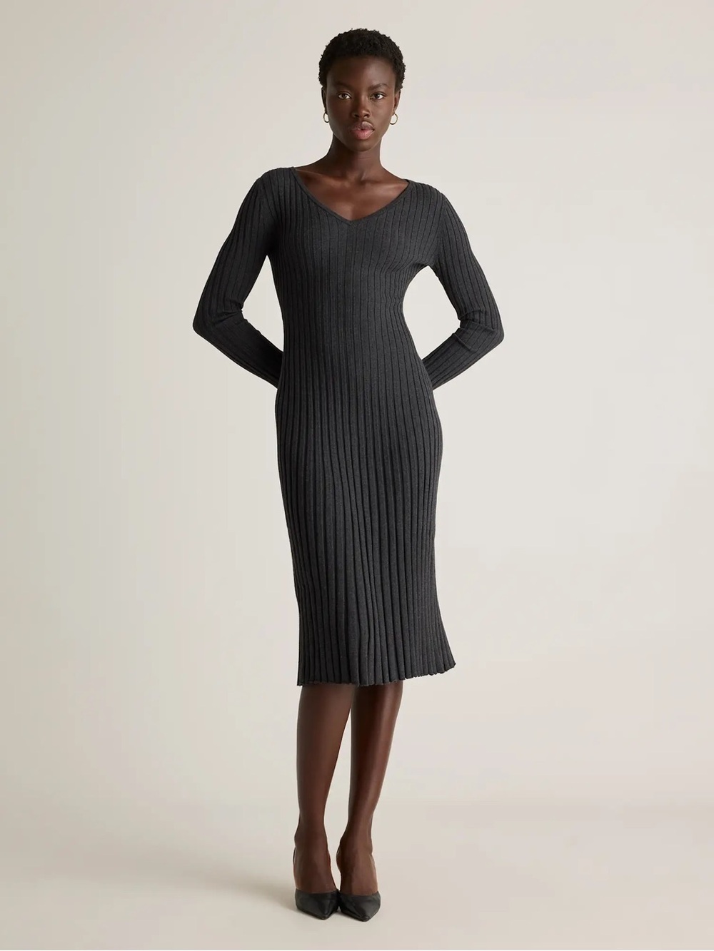 Quince Cotton Cashmere Ribbed Long Sleeve V-Neck Midi Dress‎ Heather Charcoal XL